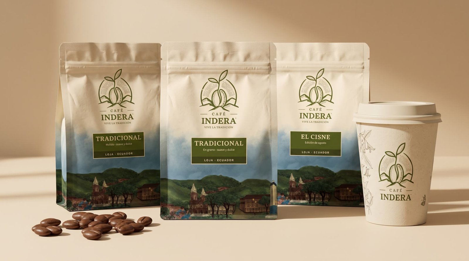 Bolsas de Café Indera junto a una taza
